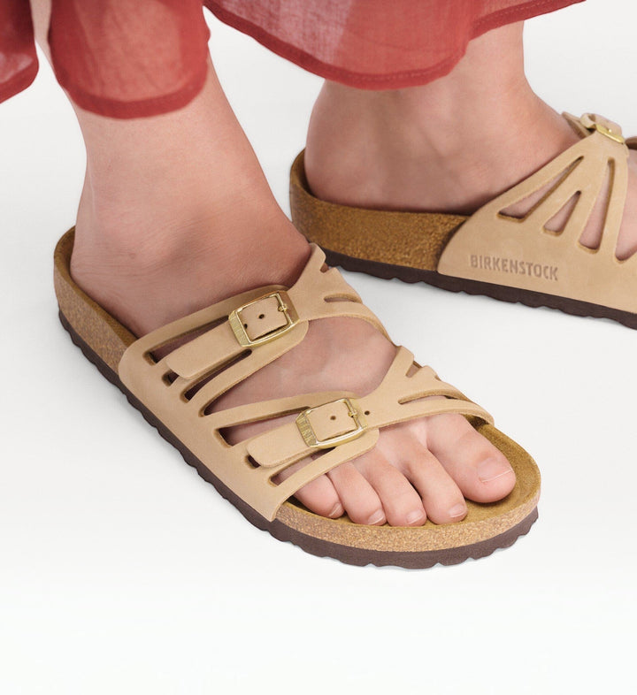 House of Florian Granada nubuck leather sandals in sandcastle beige with gold buckles and cork footbed