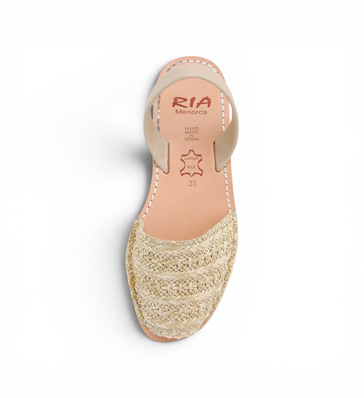 House of Florian Roba Avarcas sandals in natural grass weave with beige leather straps and sole. Hand made in Spain.
