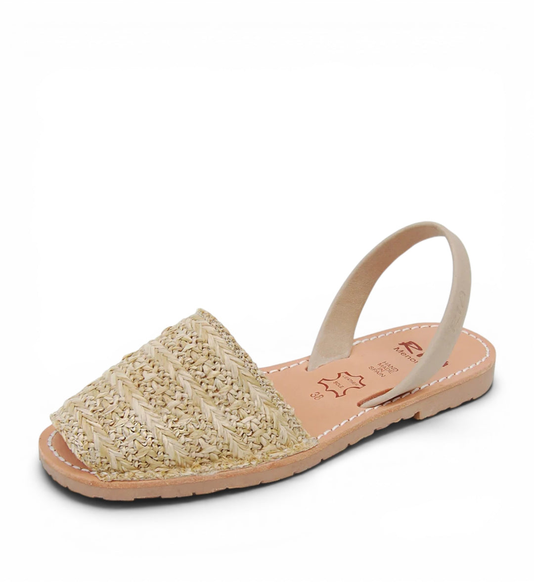 House of Florian natural grass weave avarcas sandals with beige leather strap and sole. Open toe design.