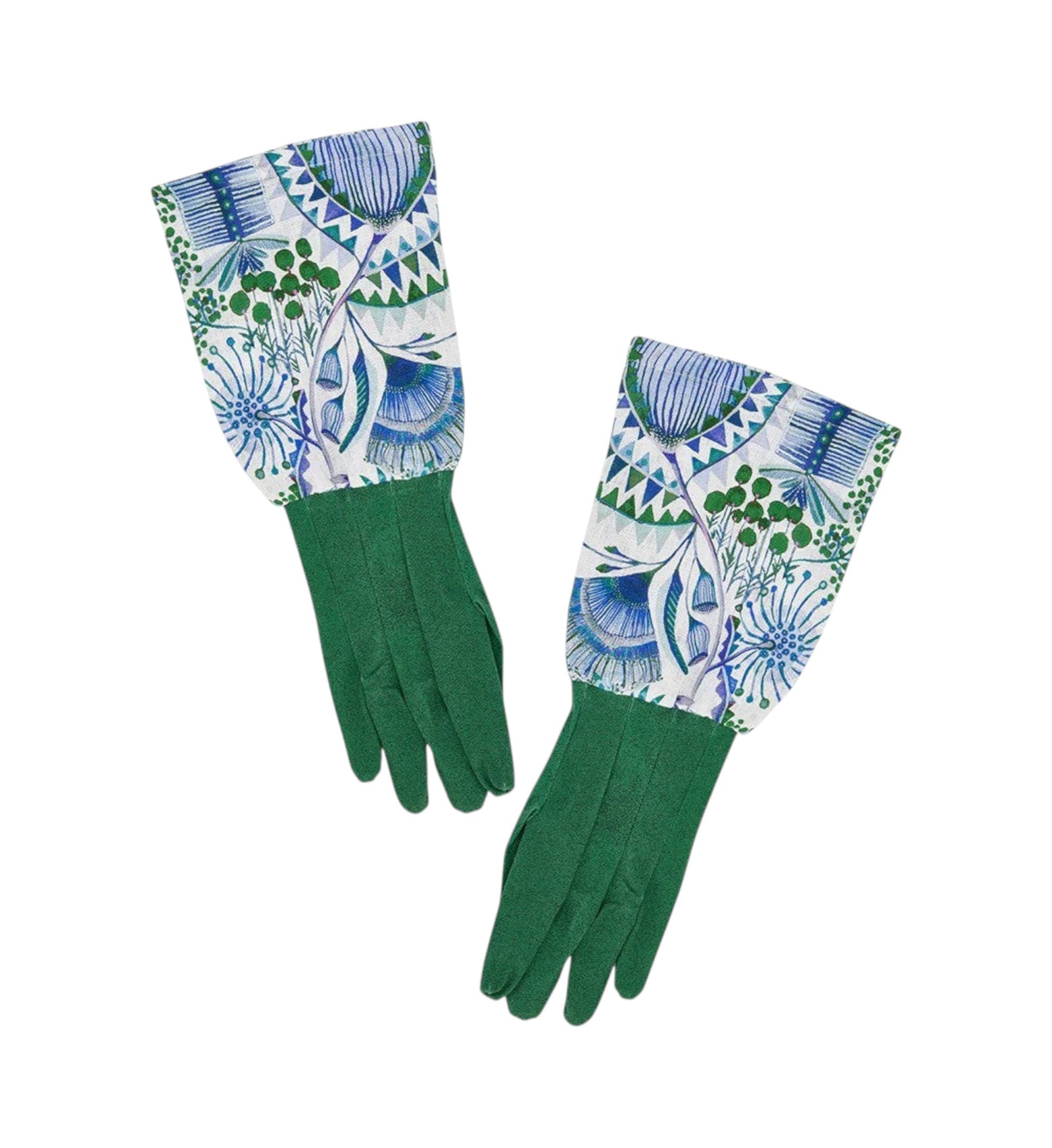 House of Florian green linen long sleeve garden gloves with a blue and white floral print cuff.