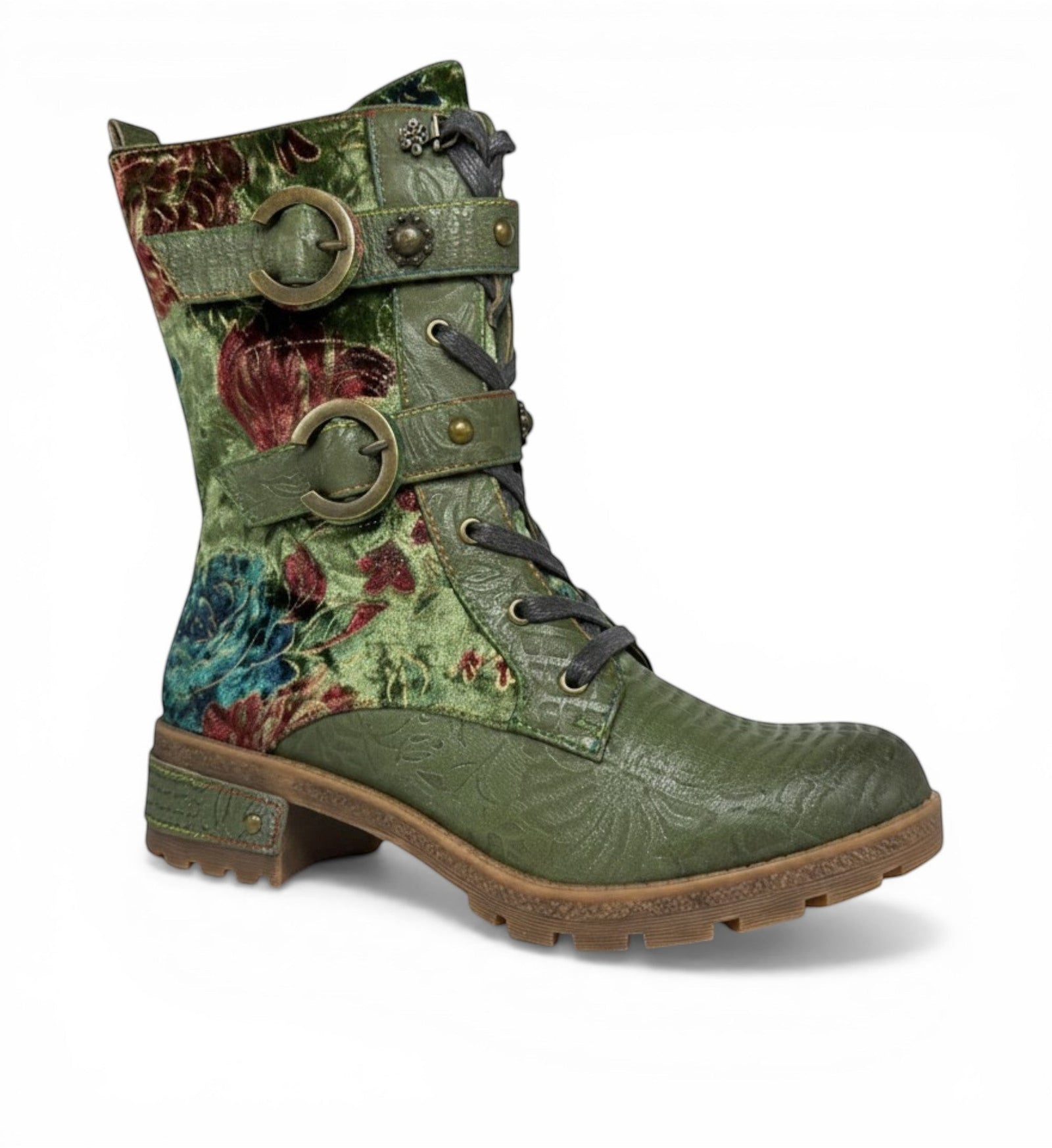 House of Florian green velvet floral print combat boots with buckle straps and lace-up closure.