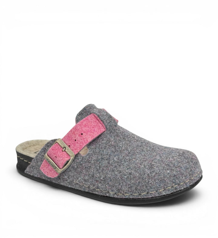 House of Florian Dr Feet Honey Heather Combo felt clogs in grey with a pink adjustable strap and metal buckle