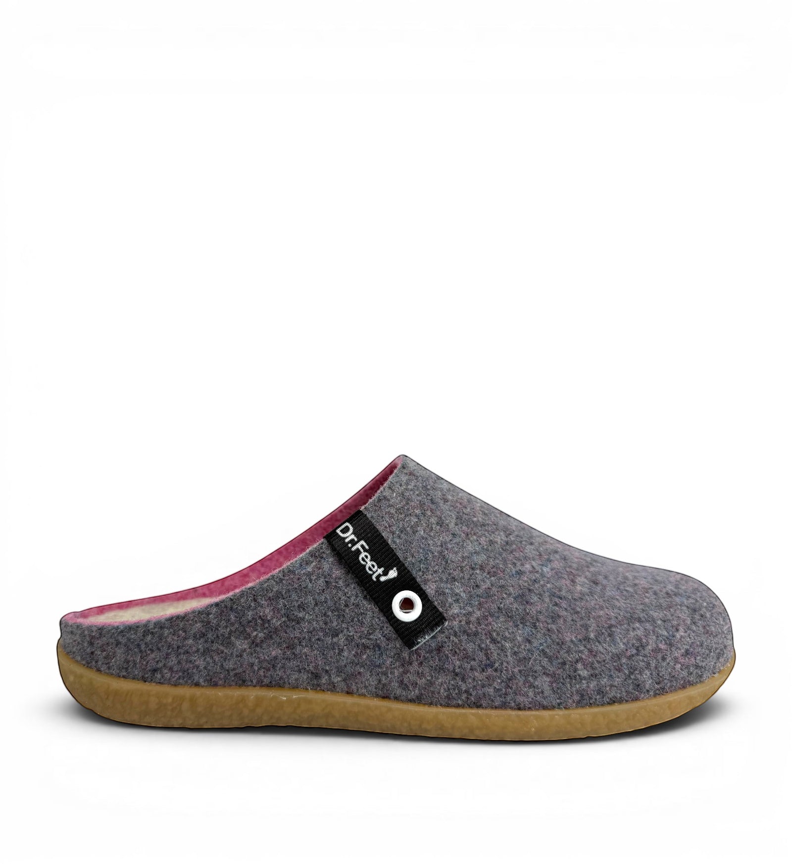 House of Florian Husky Heather grey felt mule slippers with pink lining and a durable gum rubber sole