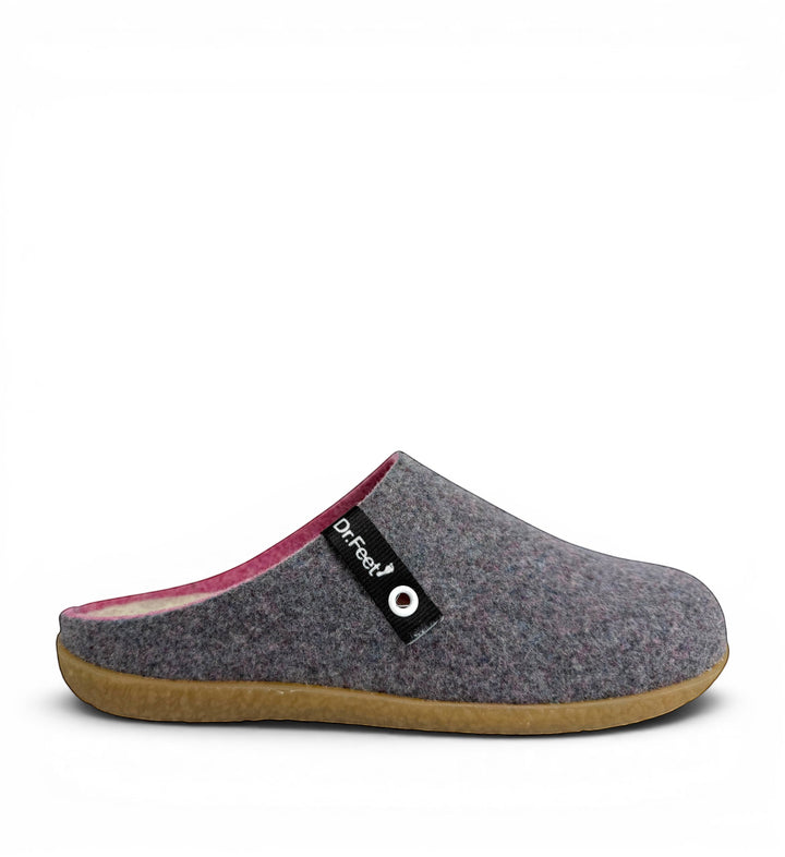 House of Florian Husky Heather grey felt mule slippers with pink lining and a durable gum rubber sole