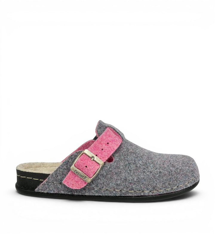 House of Florian Dr Feet Honey Heather Combo felt clogs in grey and pink with an adjustable buckle strap and wool lining