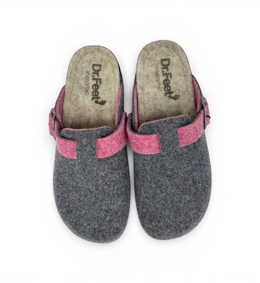 House of Florian Honey Heather Combo felt clogs in grey with pink strap accents and adjustable metal buckles.