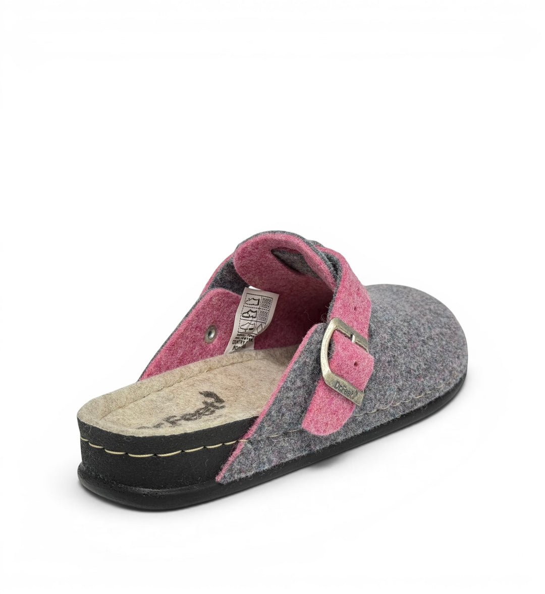 House of Florian  Dr Feet Honey Heather Combo felt clogs in grey with pink adjustable strap and black sole