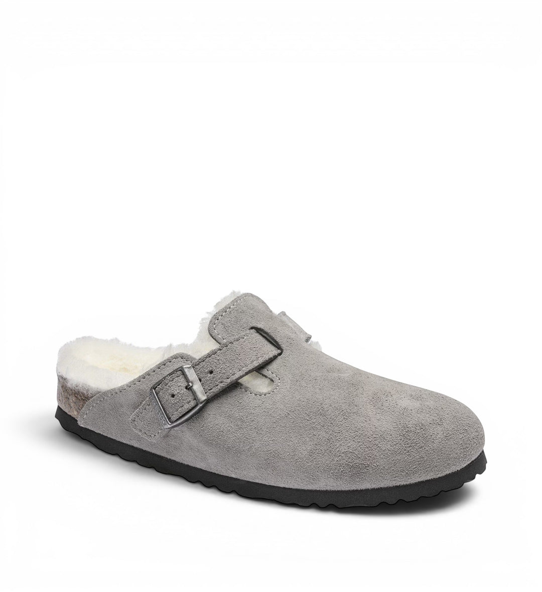 House of Florian grey suede leather shearling clog with adjustable buckle strap.
