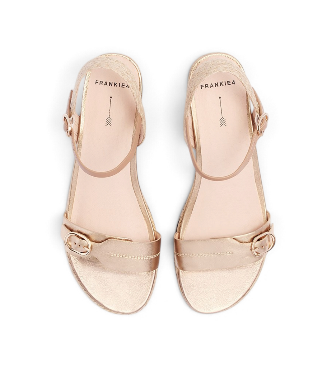 House of Florian Halle soft gold tumbled leather sandals with adjustable buckle straps and espadrille heel detail