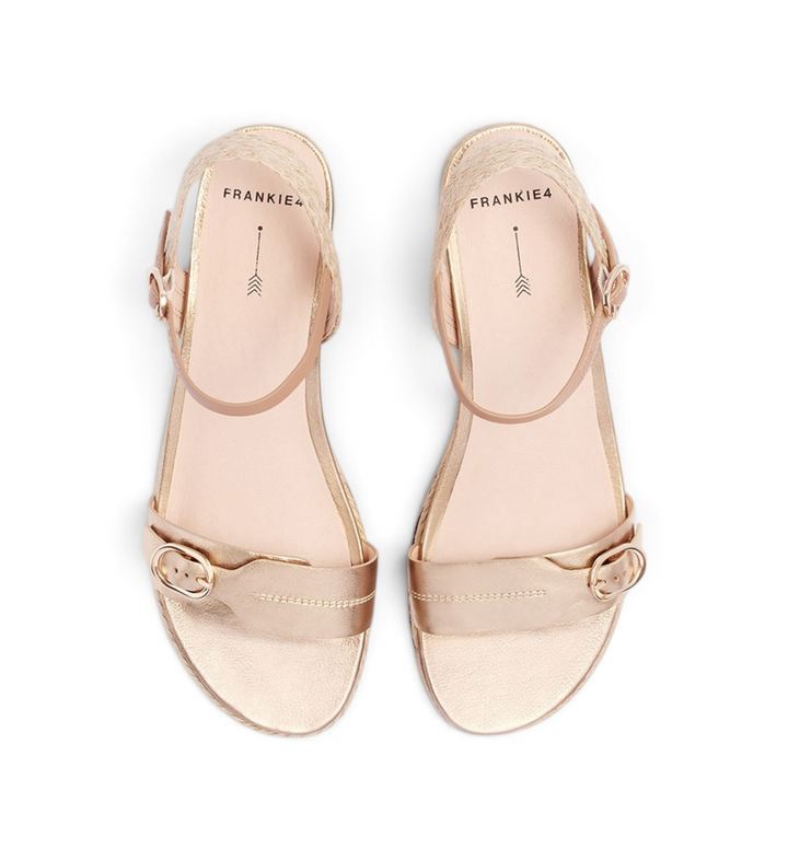 House of Florian Halle soft gold tumbled leather sandals with adjustable buckle straps and espadrille heel detail