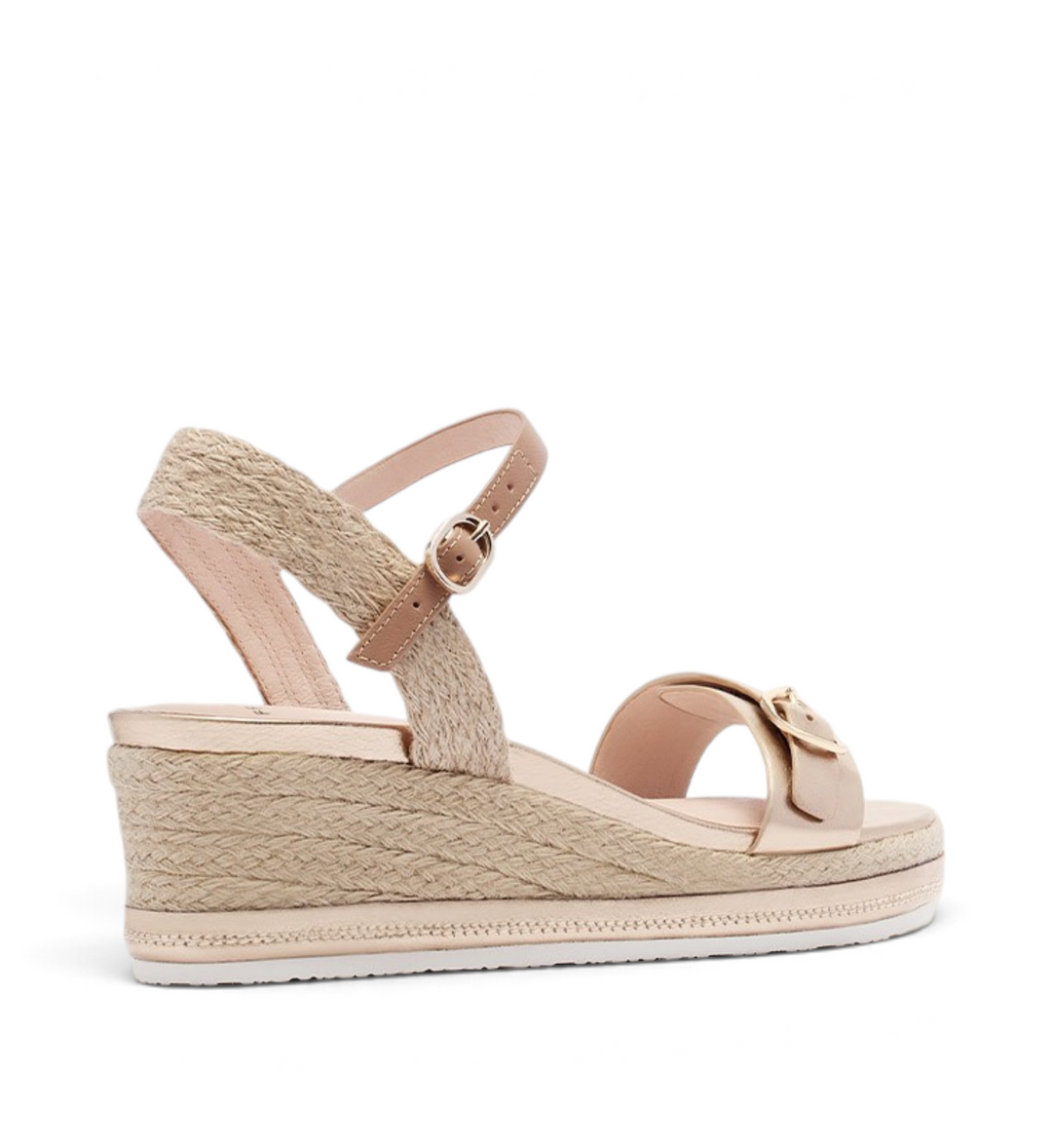 House of Florian Halle soft gold tumbled wedge sandal with an espadrille platform and adjustable ankle strap