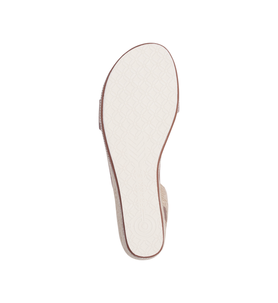 House of Florian Halle Rich Tan wedge sandal showing the textured white rubber sole with a geometric pattern