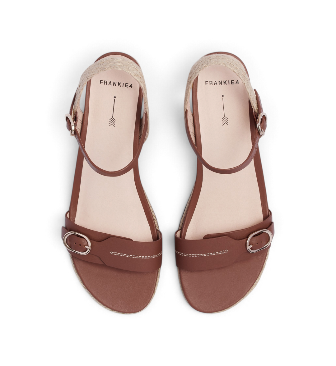 House of Florian Halle Rich Tan leather sandals with ankle straps, silver buckles, and espadrille-style trim.