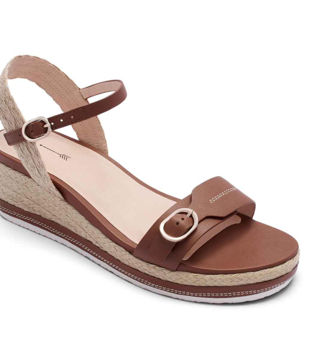 House of Florian Halle rich tan wedge sandal with adjustable buckle straps and a woven jute espadrille midsole