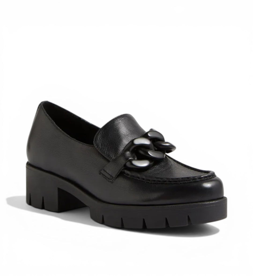 House of Florian Hanini black leather loafers with chunky chain detail and platform sole.