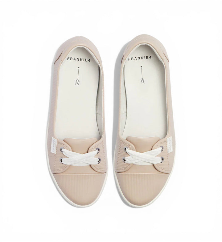 House of Florian Hannah III light blush embossed leather ballet flats with white laces and white soles.