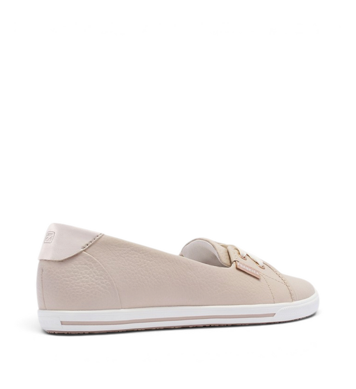 House of Florian Hannah III natural tumbled leather slip-on sneaker with a white rubber sole and side logo detail.