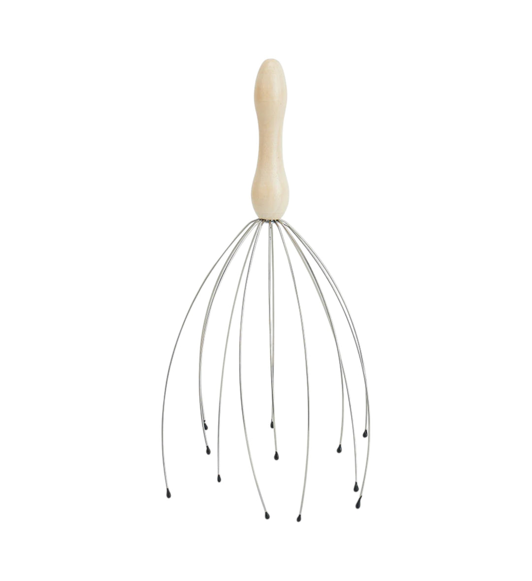 House of Florian multi prong head massager with wooden handle and metal tentacles tipped with black beads for scalp stimulation.