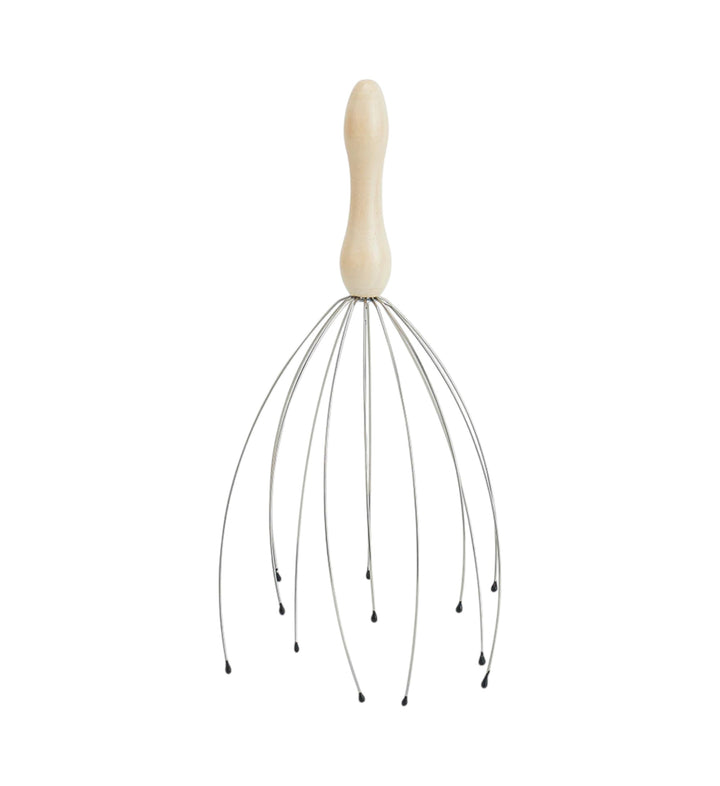 House of Florian multi prong head massager with wooden handle and metal tentacles tipped with black beads for scalp stimulation.