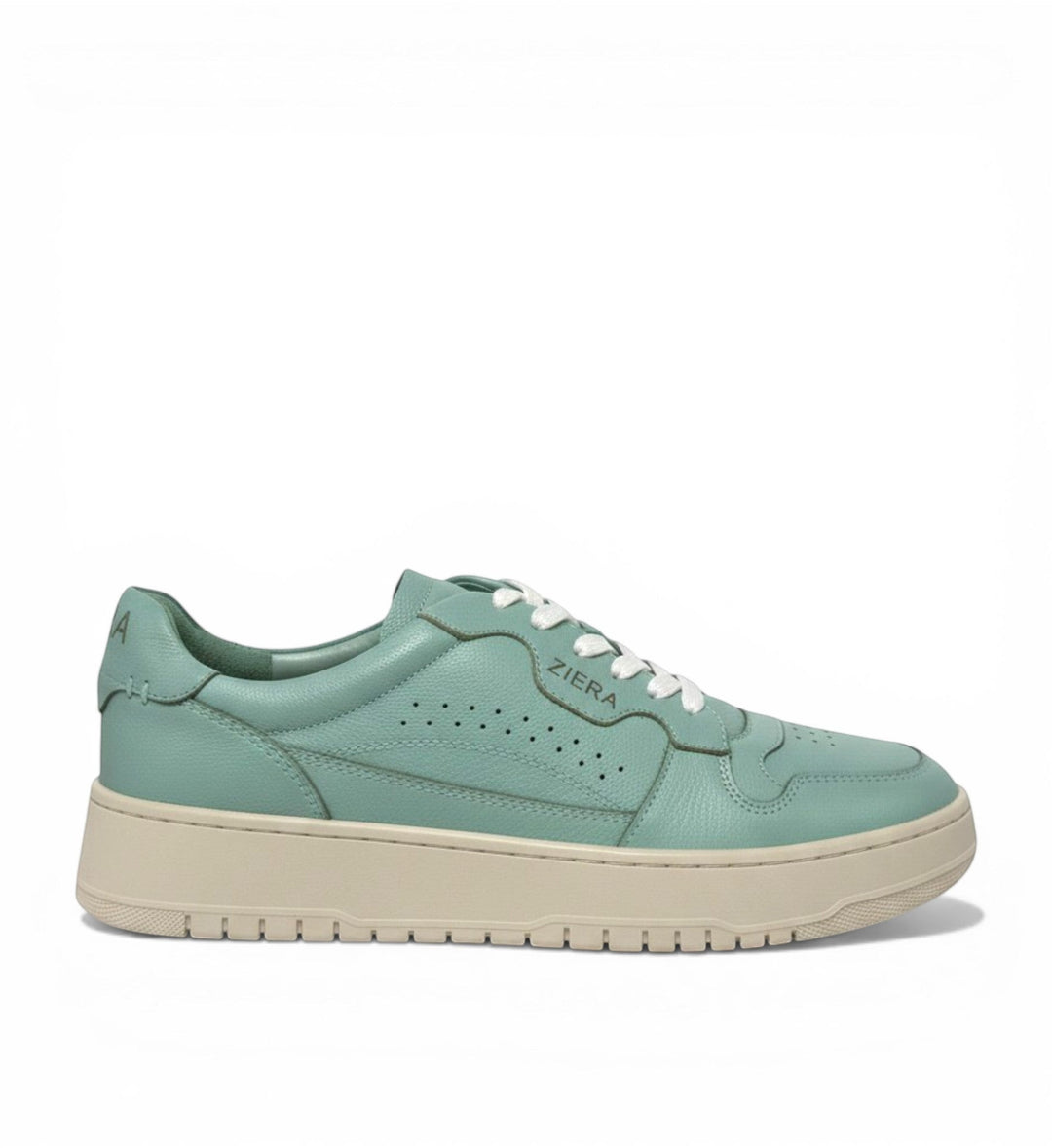 House of Florian Healley XW Aqua leather sneakers with white laces and a thick beige sole. Perforated details on the side.