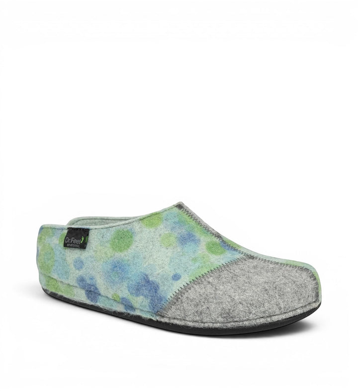 House of Florian Hilda Blue Bubble felt slippers featuring a blue and green polka dot pattern and grey toe cap