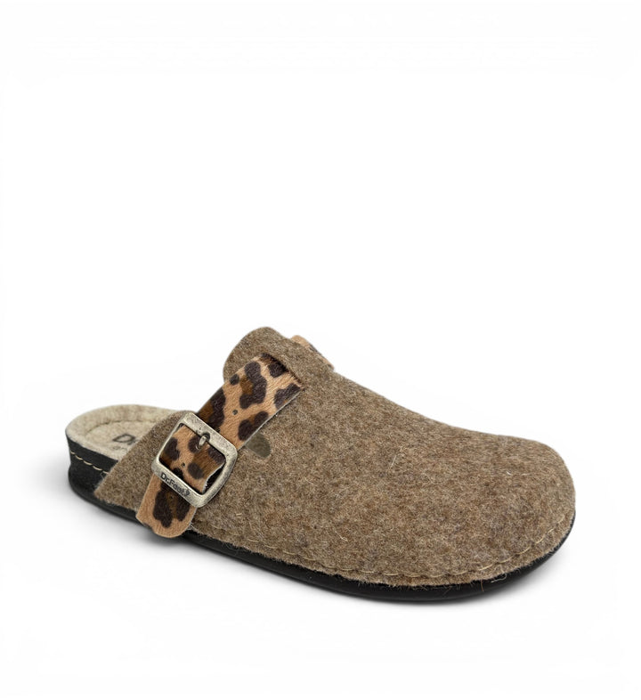 House of Florian Dr Feet  Honey Camel Combo felt clog with a leopard print strap and adjustable metal buckle