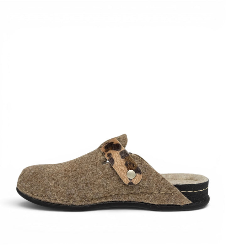 House of Florian Dr Feet Honey Camel felt mule slipper with a leopard print strap and black rubber sole