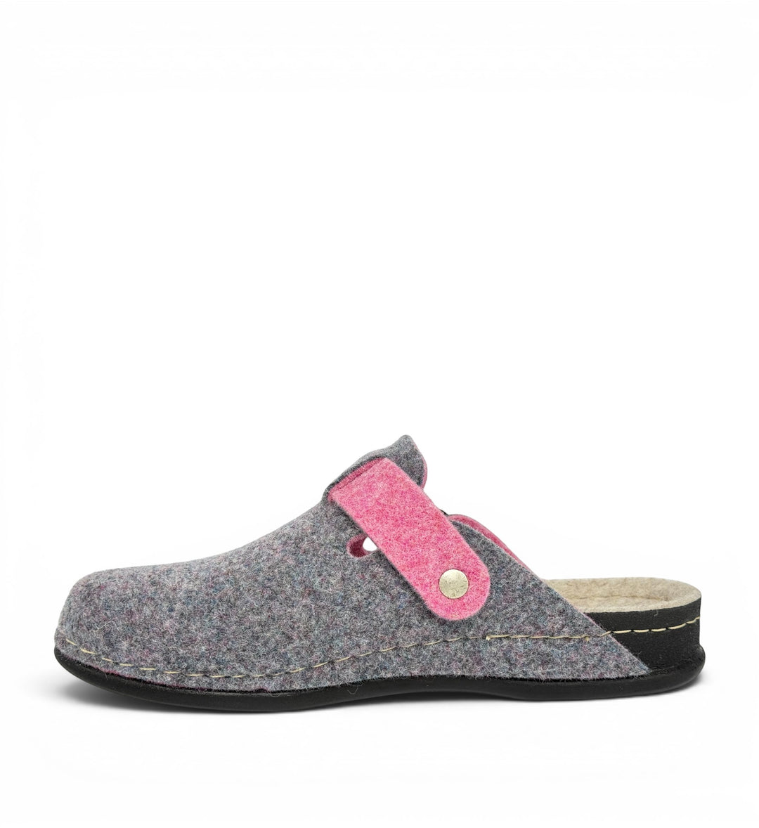 House of Florian Dr Feet Honey Heather Combo felt clog with a grey heathered upper, pink strap, and black sole.