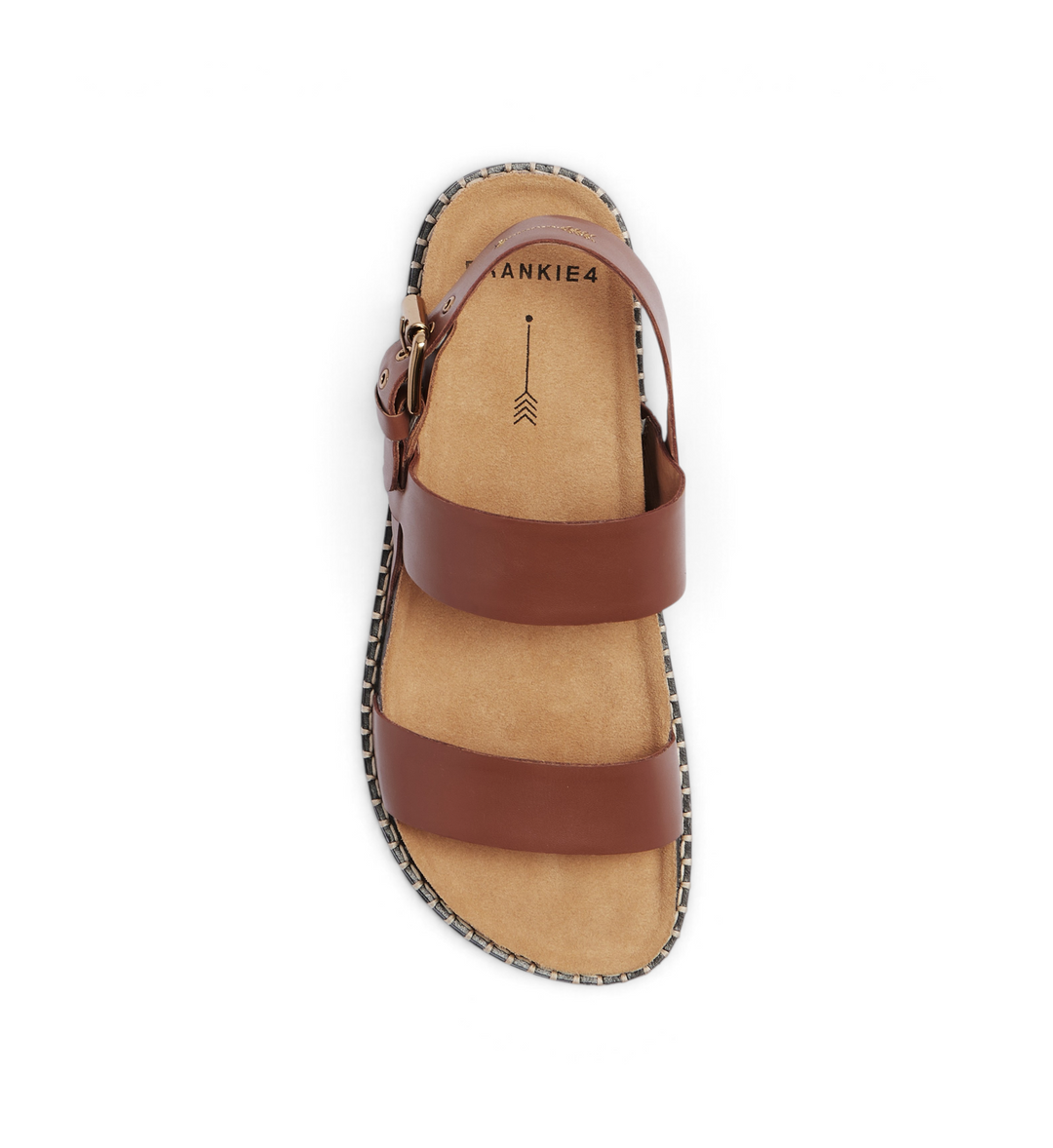 House of Florian Hunter Rich Tan leather sandal with two straps, buckle closure, and espadrille-style trim.