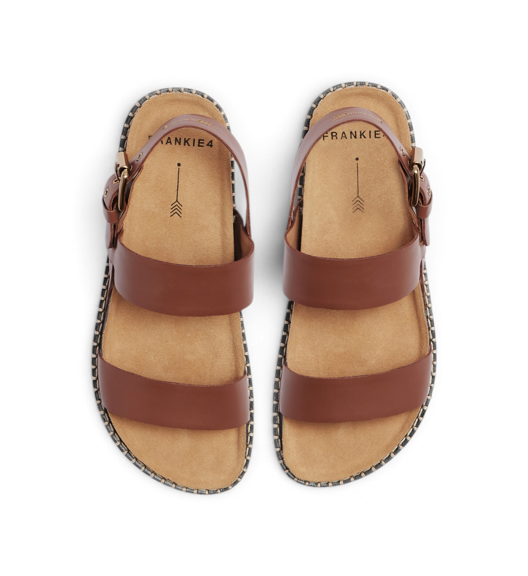 House of Florian Hunter sandals in rich tan leather with double straps, buckled ankle strap, and espadrille trim.
