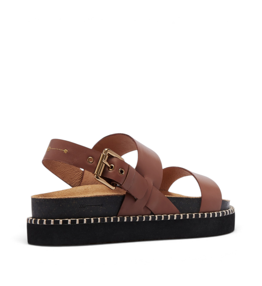 House of Florian Hunter Rich Tan leather platform sandals with gold buckle and contrast stitching on black sole