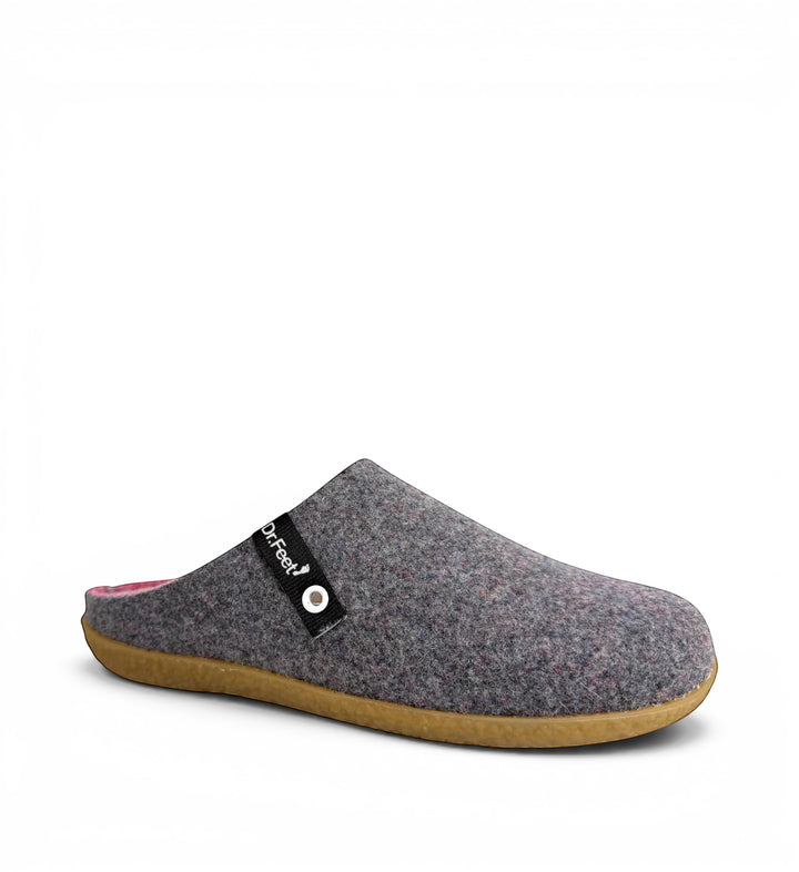 House of Florian Husky Heather grey felt slipper with a pink interior and a durable gum rubber sole