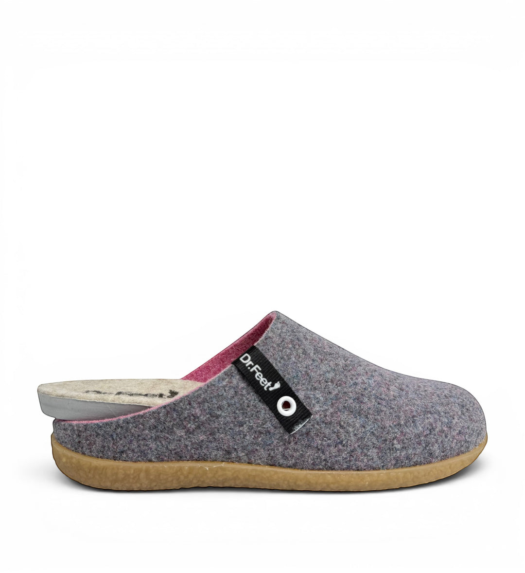 House of Florian Husky Heather grey felt wool slipper with pink lining and gum rubber sole