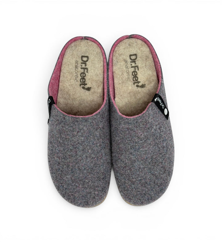 House of Florian Husky Heather grey felt slippers with pink trim and Dr.Feet anatomic insoles