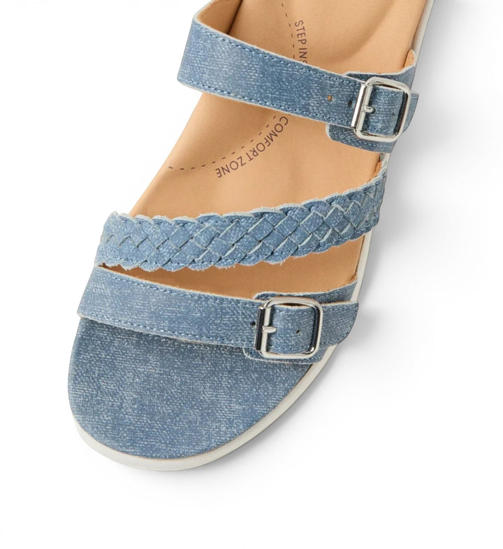 House of Florian Ianna W blue denim sandals featuring braided straps, adjustable buckles, and a comfort footbed.