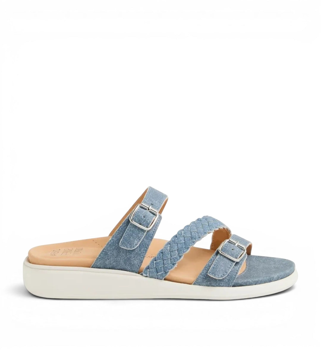 House of Florian Ianna W blue denim sandals with braided straps, adjustable buckles, and a comfortable white sole.
