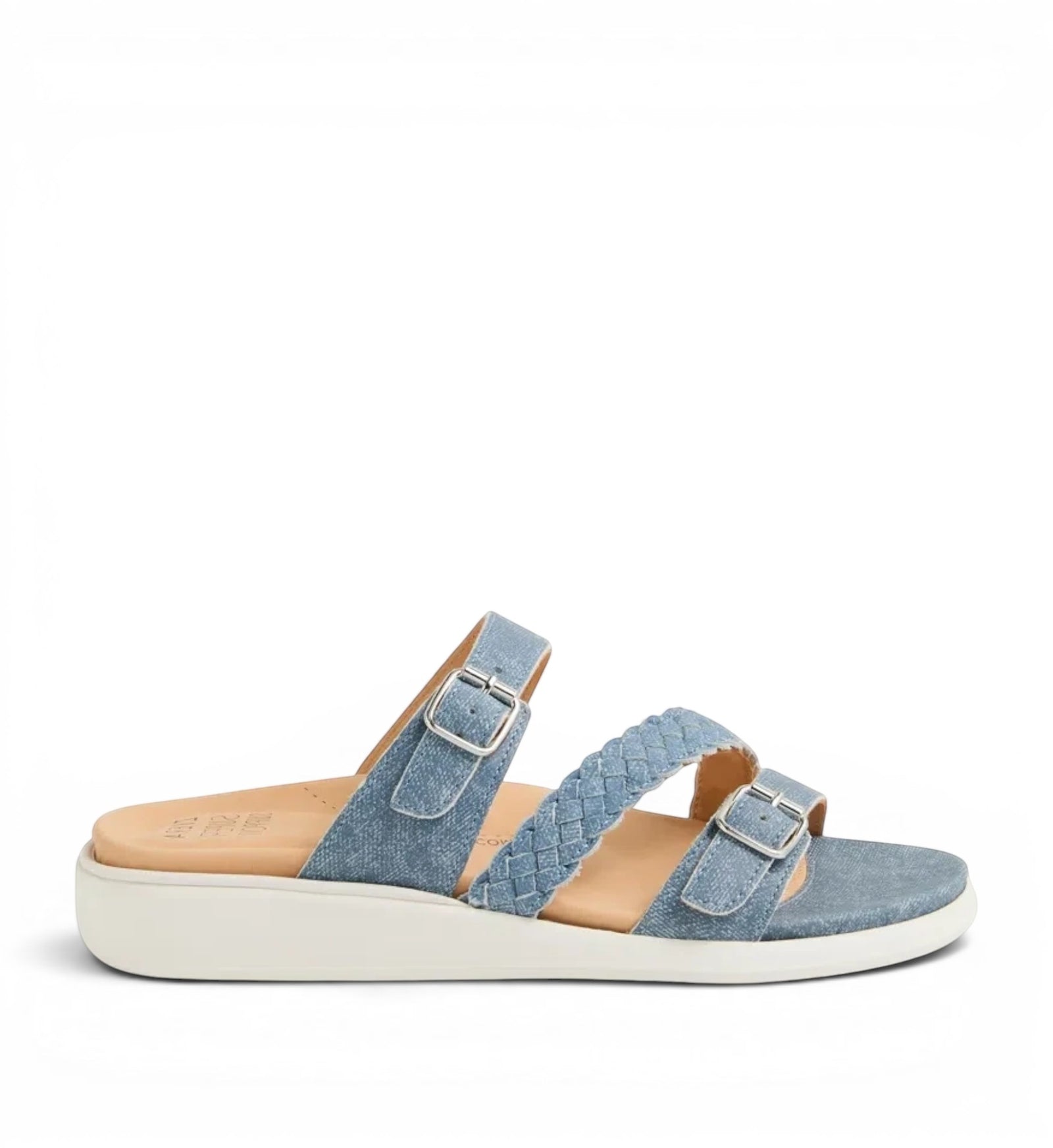 House of Florian Ianna W blue denim sandals with braided straps, adjustable buckles, and a comfortable white sole.