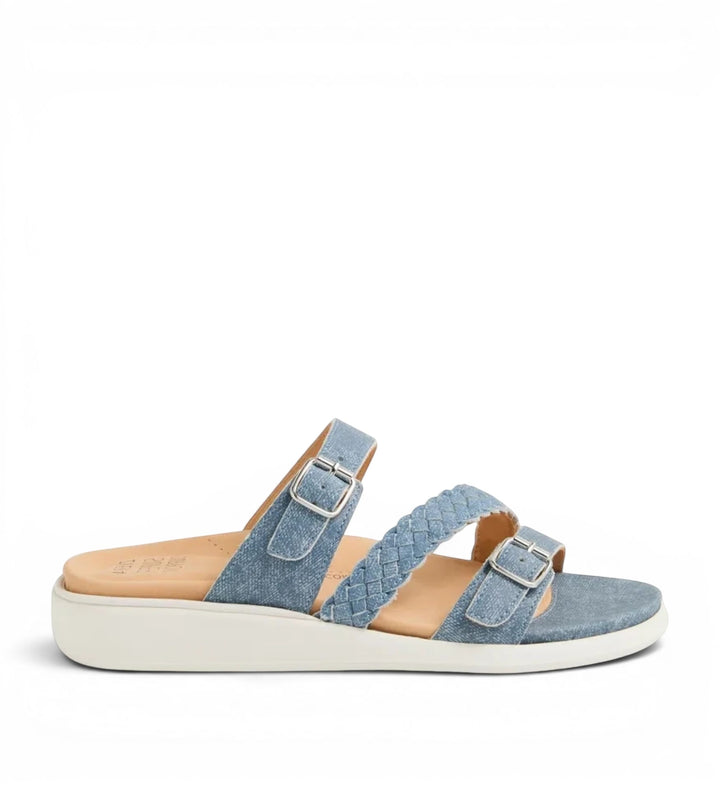 House of Florian Ianna W blue denim sandals with braided straps, adjustable buckles, and a comfortable white sole.