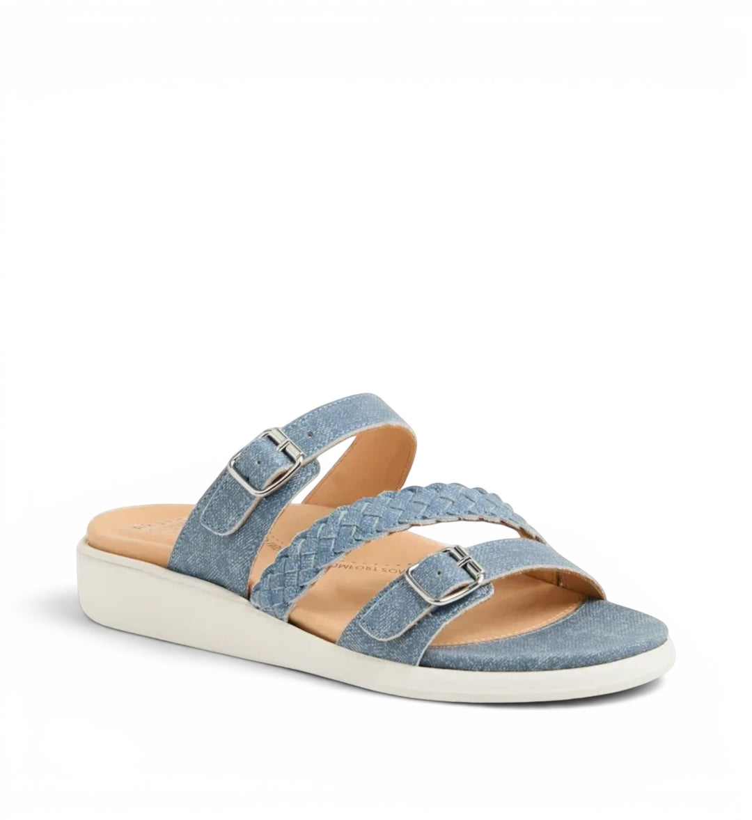House of Florian Ianna W blue denim sandals featuring braided straps, adjustable buckles, and a white platform sole.