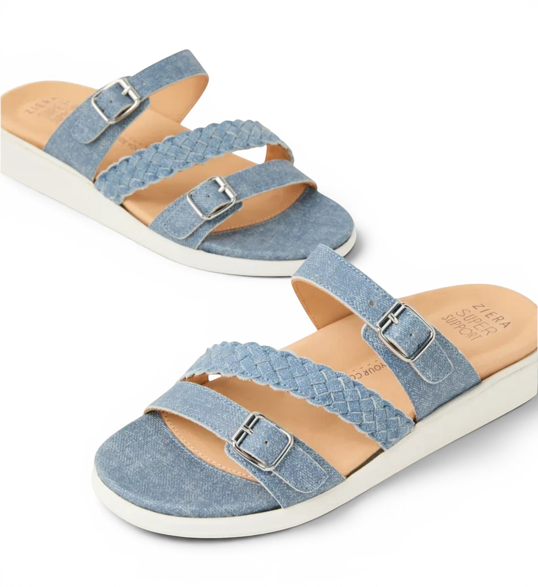 House of Florian Ianna W blue denim sandals with braided straps, adjustable buckles, and comfortable white soles.