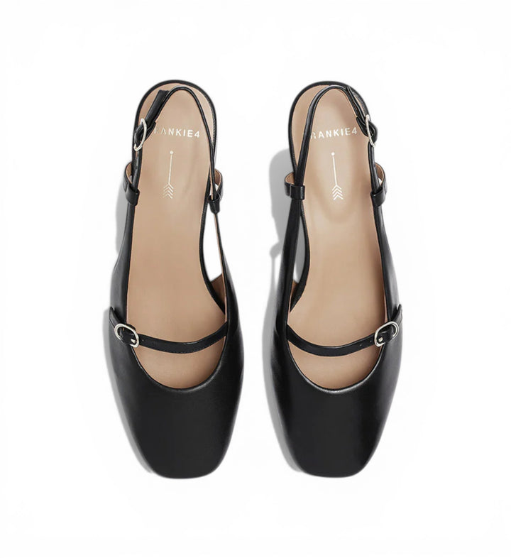 House of Florian Iris Black leather slingback flats with buckle detail and square toe.