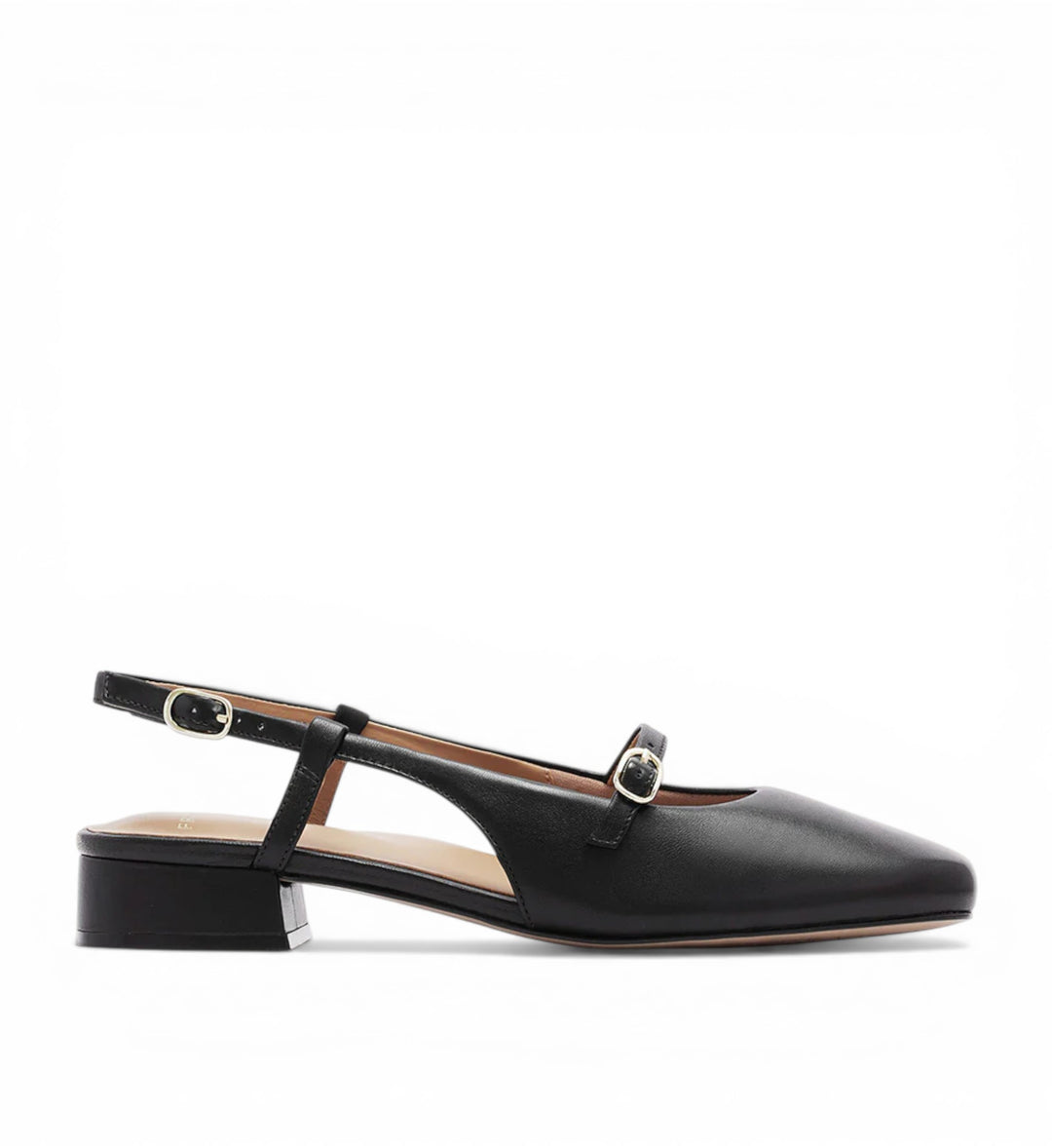 House of Florian Iris black leather slingback flats with square toe and adjustable ankle strap.