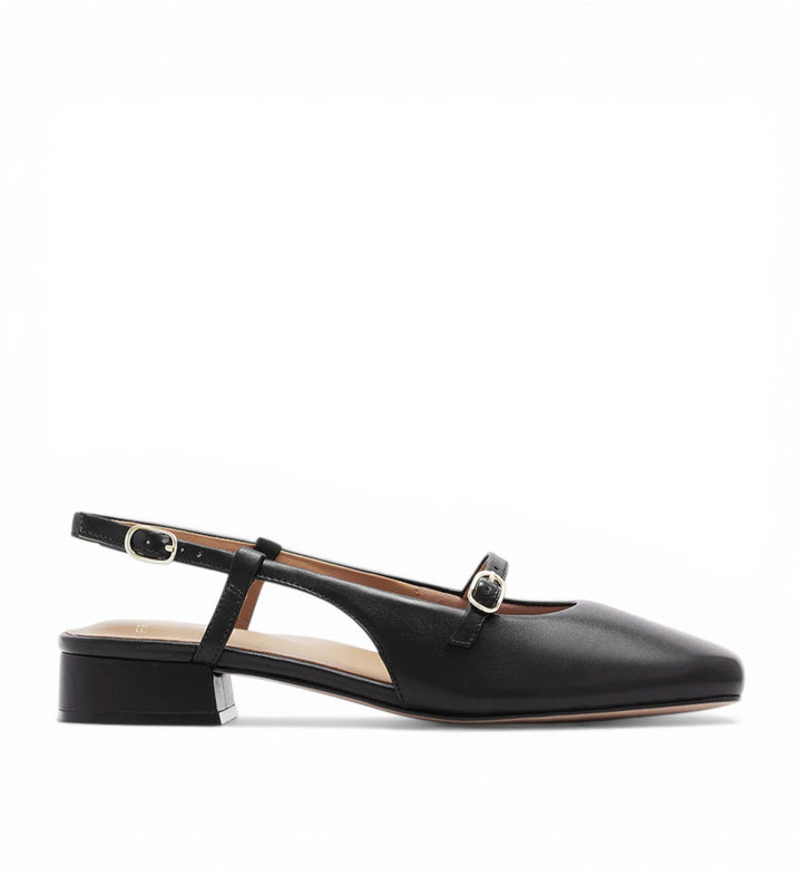 House of Florian Iris black leather slingback flats with square toe and adjustable ankle strap.