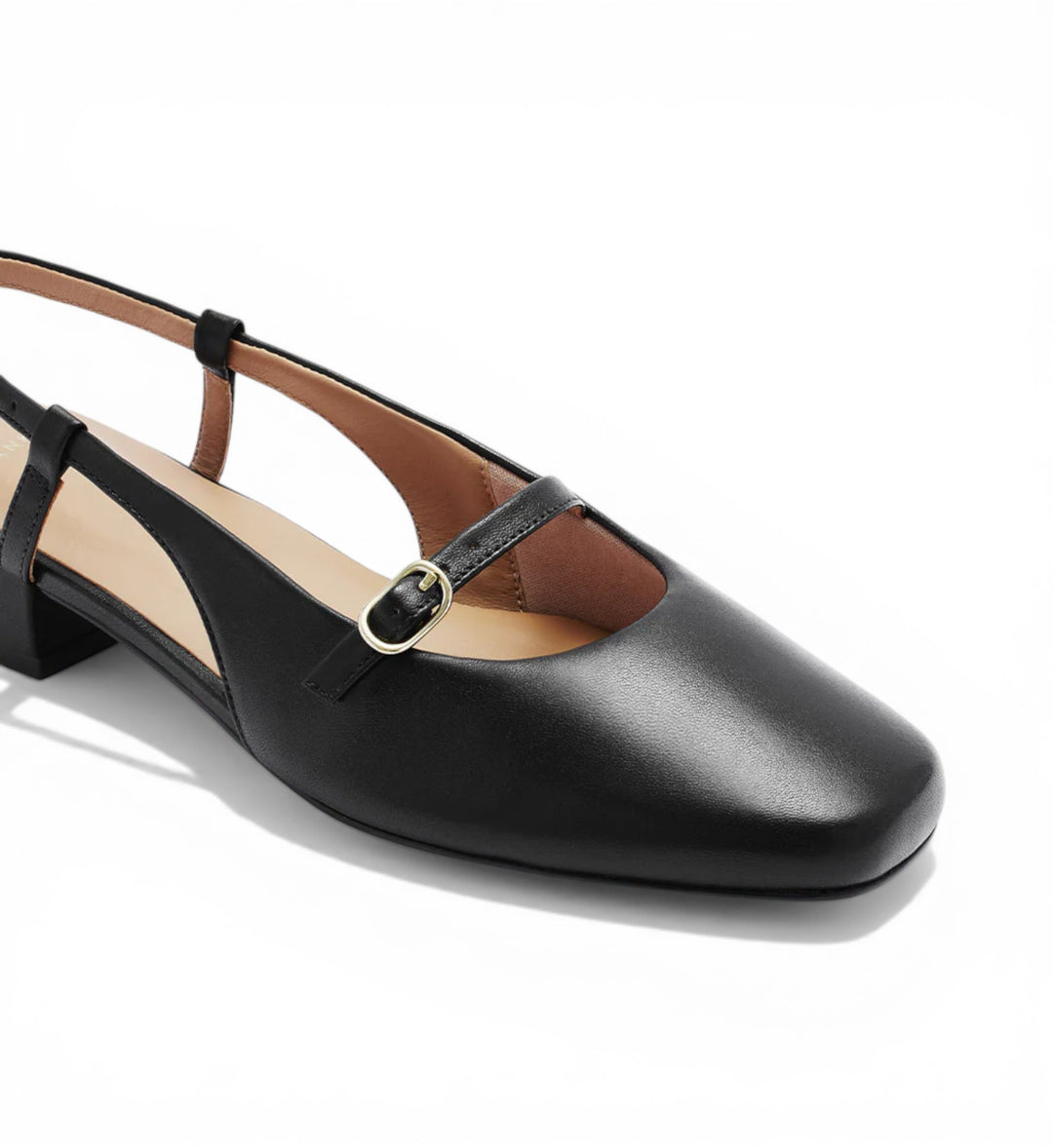 House of Florian Iris black leather slingback heels with a gold buckle detail and square toe.