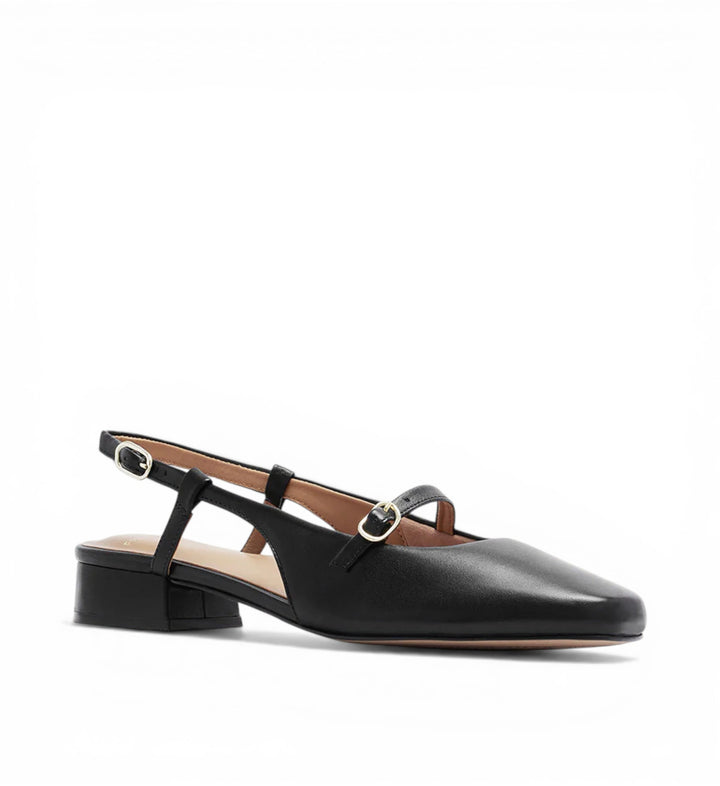 House of Florian Iris Black leather slingback heels with square toe and adjustable ankle strap.