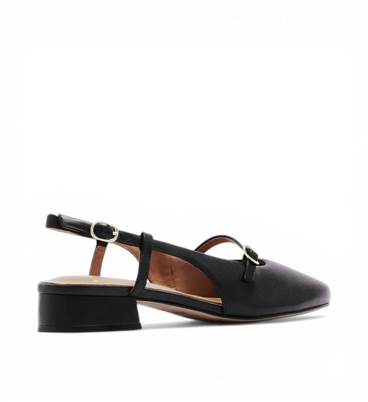 House of Florian Iris Black leather slingback heels with a square toe and buckle detail.