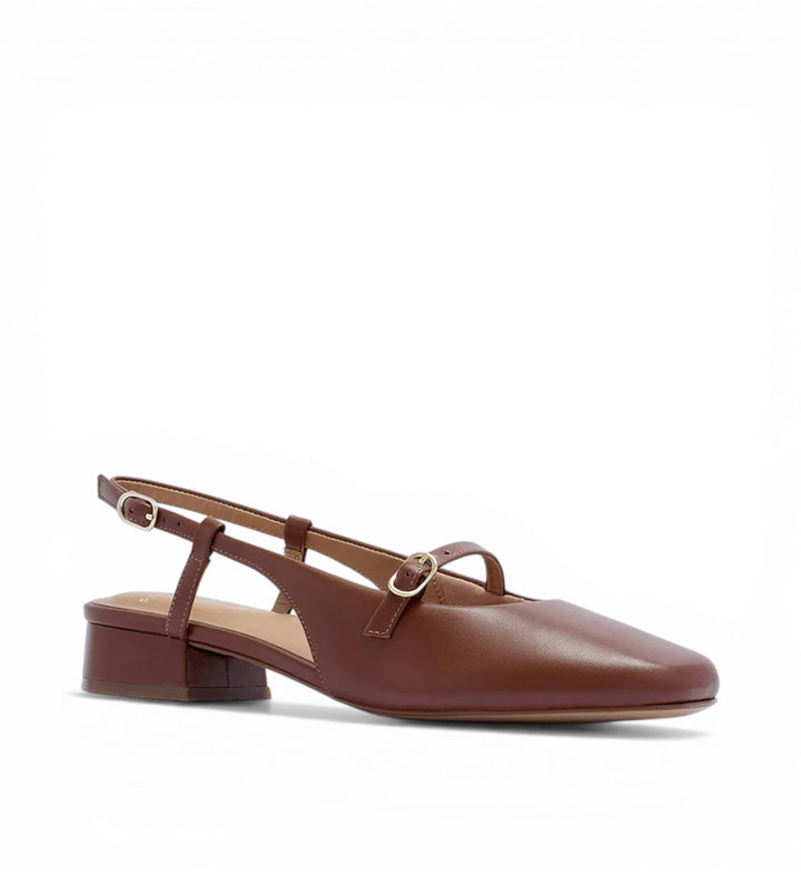 House of Florian Iris dark tan leather slingback heels with buckle detail and square toe.