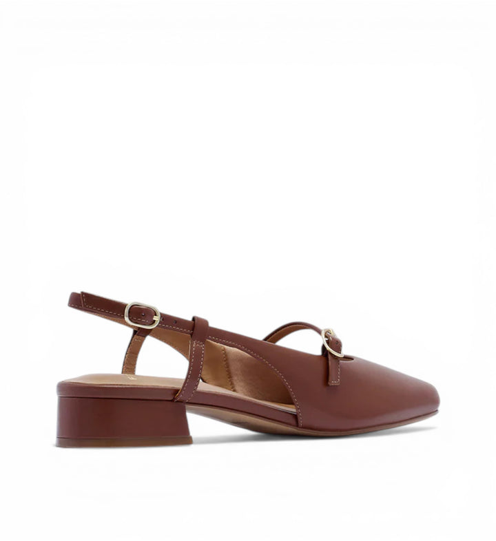 House of Florian Iris dark tan leather slingback shoes with a low block heel and adjustable ankle strap.