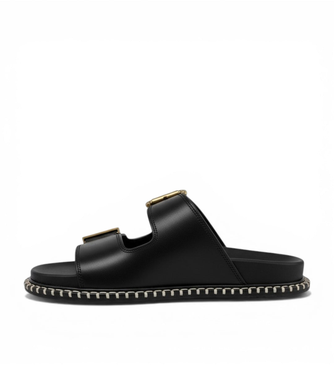 House of Florian Iyami W black leather double strap slide sandals with gold buckle detail and decorative stitching.