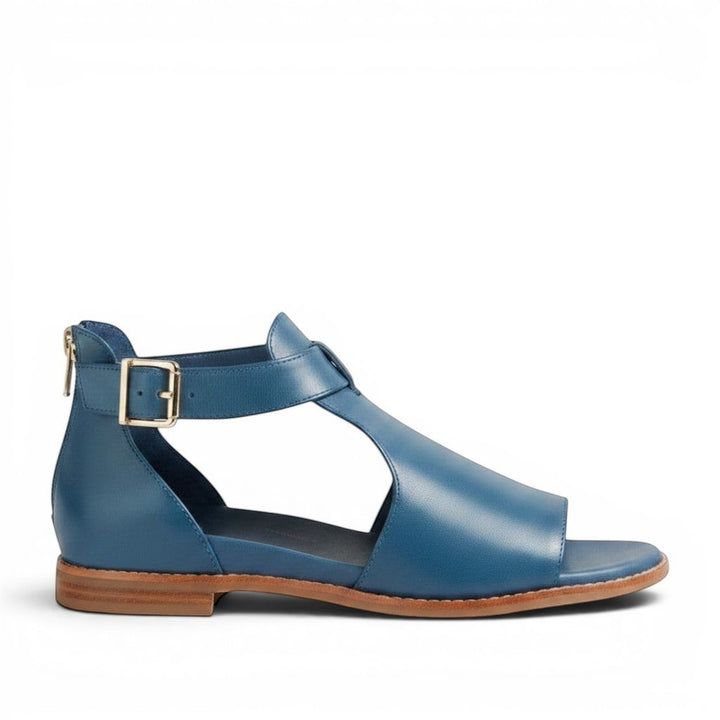 House of Florian Jeskie W Marine blue leather gladiator sandals with buckle and rear zip.